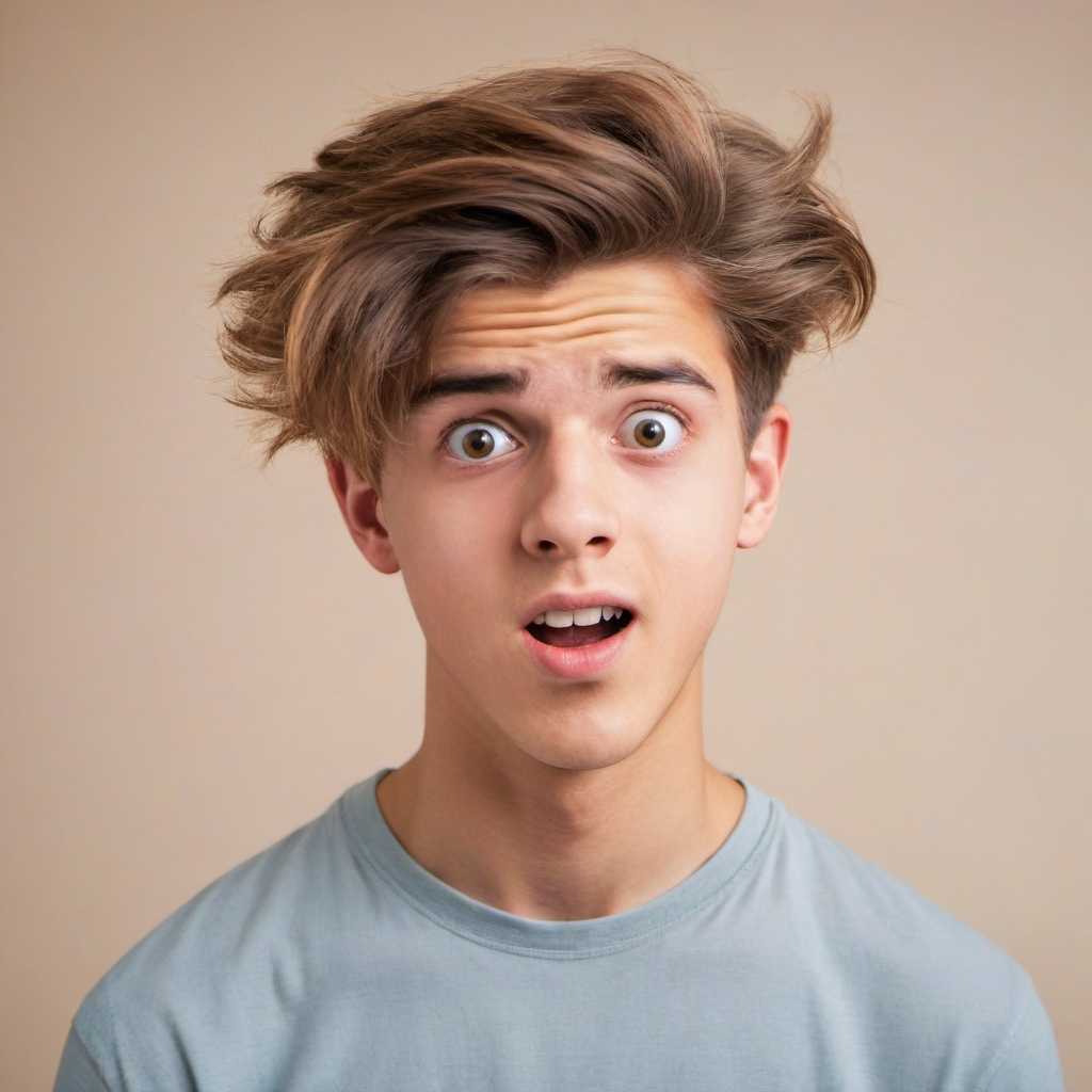 scenery, A handsome young man, 18 years old,  looks completely surprised into a camera, his hair standing on end. 