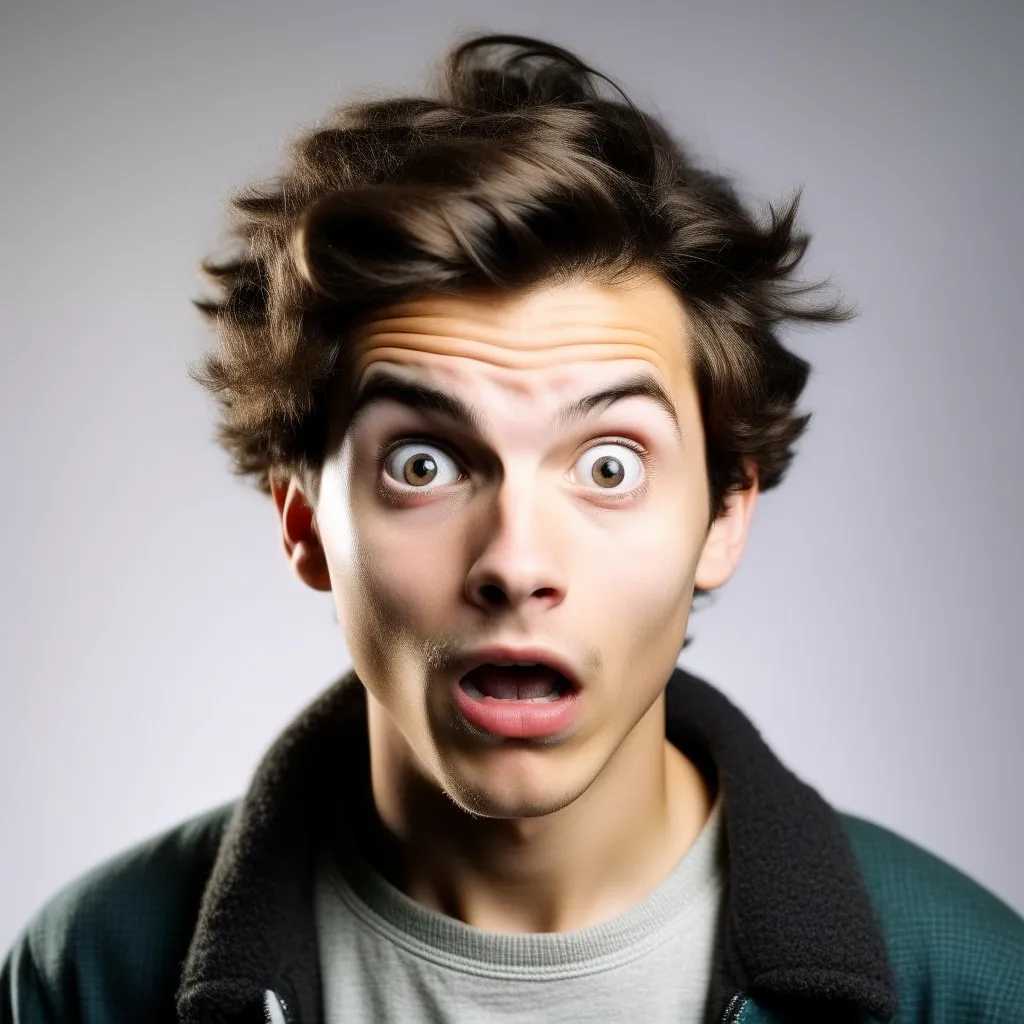 scenery, A handsome young man, 18 years old,  looks completely surprised into a camera, his hair standing on end. 