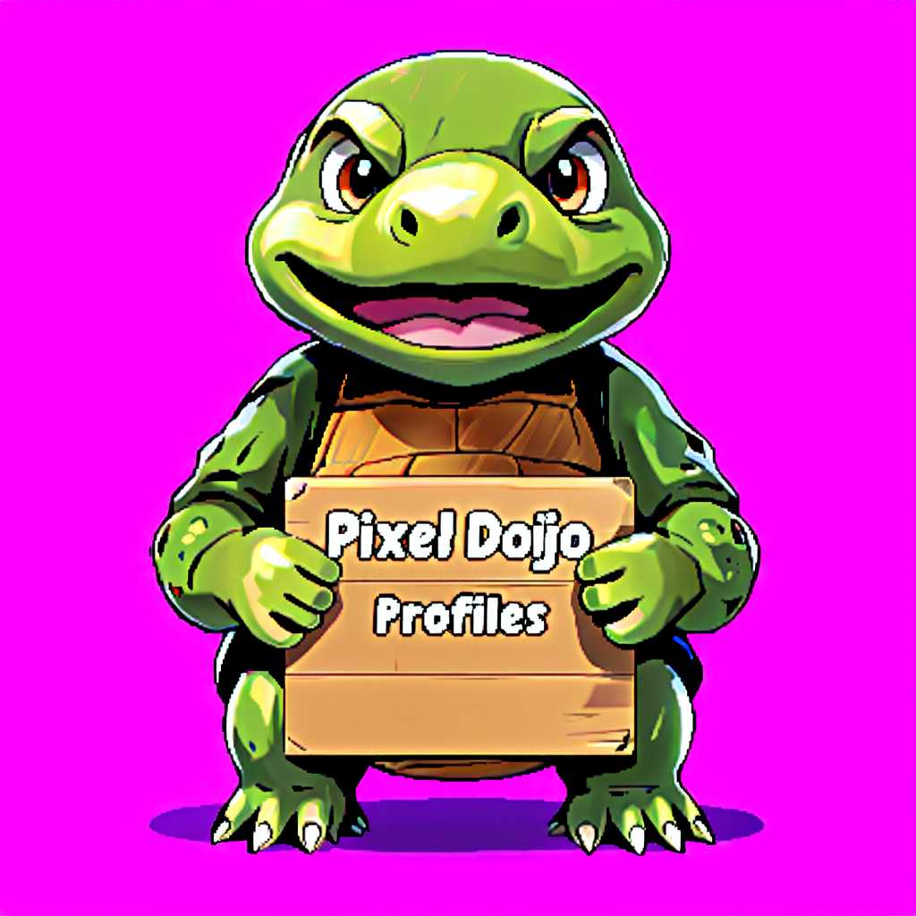 a portrait photo of an anthropomorphic tortoise holding a sign reading "Pixel Dojo Profiles"