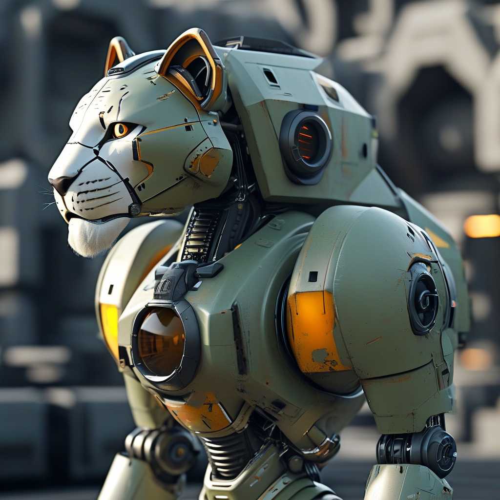 A robot lion in a military base, unreal engine 3D style