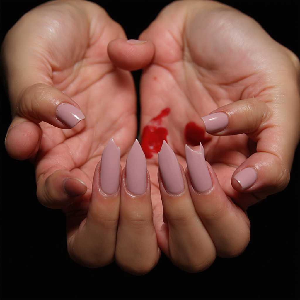 This image features a close-up view of a person's hands with a focus on the fingers and the manicured nails. The art style is realistic, capturing the natural curves and textures of the skin and the glossy finish of the nail polish. The medium appears to be a high-resolution photograph, given the clarity and detail in the image.

The colors in the image are soft and muted, with the skin tones ranging from a light beige to a pale pink. The nail polish is a translucent, pale pink shade that gives a subtle, natural look to the nails. The red mark on the fingers is a vivid contrast to the rest of the image, drawing attention to that area.

The objects in the image are primarily the fingers and the manicured nails. The fingers are positioned in a way that creates an open space between them, allowing the viewer to see the full length of the nails. The nails are well-groomed, with a smooth and even surface, and the polish applied in a consistent coat that reflects light beautifully.

The red mark on the fingers is irregular in shape, with jagged edges and a rough texture, which stands out against the otherwise smooth skin. The red color is a bright, bold shade that contrasts sharply with the surrounding skin tones, drawing the eye and suggesting a story or an incident behind the mark.

Overall, the image is a detailed and realistic portrayal of a person's hands, focusing on the beauty and care given to the manicured nails, with a single striking element—the red mark on the fingers—adding a touch of intrigue and narrative to the composition.