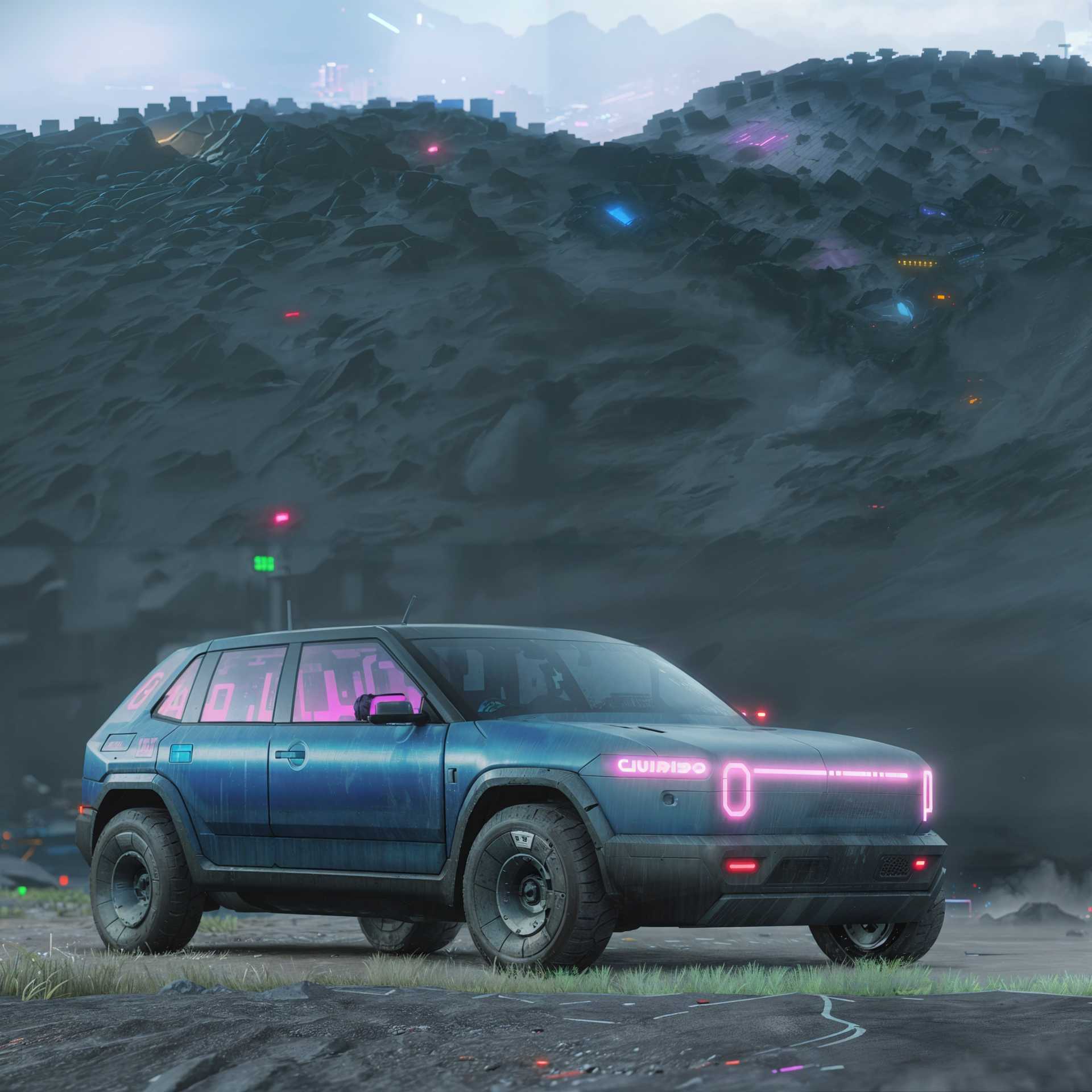 Futuristic SUV with Neon Accents on a Desolate, Sci-Fi Landscape