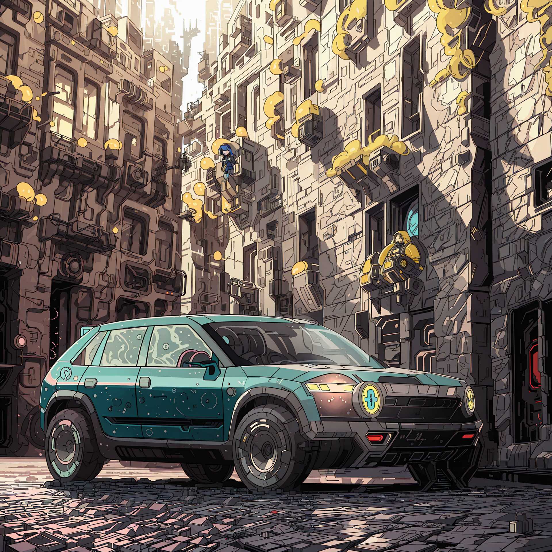 Modernity Amidst History: A Green Car in an Old European Street