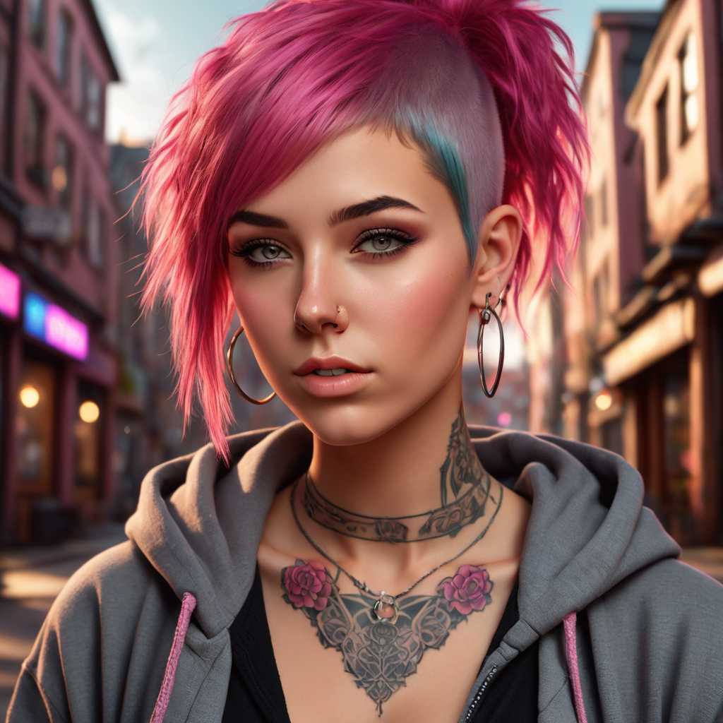 a photo of TOKONIA, arcane style, 1girl, hoodie, arm tattoo, portrait, asymmetrical bangs, bandaid, short hair, bangs, breasts, freckles, grey eyes, large breasts, looking at viewer, neck tattoo, nose piercing, pink hair, scar, scar on face, solo, tattoo on face, upper body, detailed background, town, alley, dark alley, portrait, hood on head, night, angry, close up, closed mouth, , ((masterpiece)), absurdres