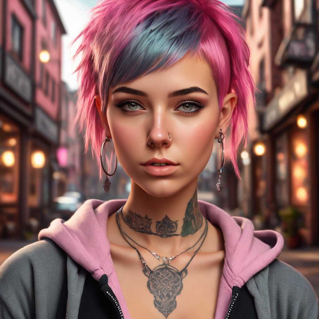 a photo of TOKONIA, arcane style, 1girl, hoodie, arm tattoo, portrait, asymmetrical bangs, bandaid, short hair, bangs, breasts, freckles, grey eyes, large breasts, looking at viewer, neck tattoo, nose piercing, pink hair, scar, scar on face, solo, tattoo on face, upper body, detailed background, town, alley, dark alley, portrait, hood on head, night, angry, close up, closed mouth, , ((masterpiece)), absurdres