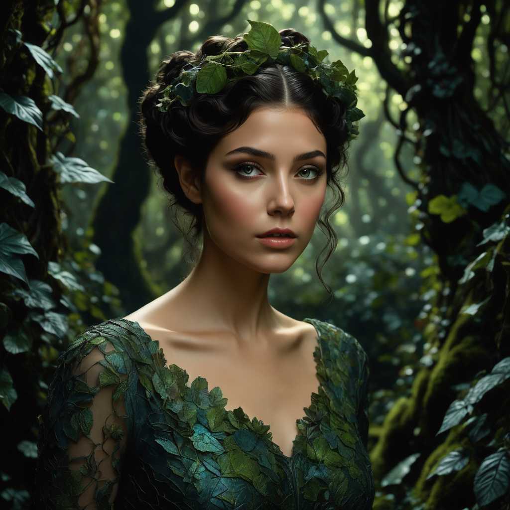 a photo of TOKONIA, cinematic still, filmed by Guillermo del Toro, Amidst a deep dark forest, an enigmatic being appears--an amalgamation of flora and fauna, with vines for hair, eyes gleaming like embers, and skin adorned with iridescent scales 