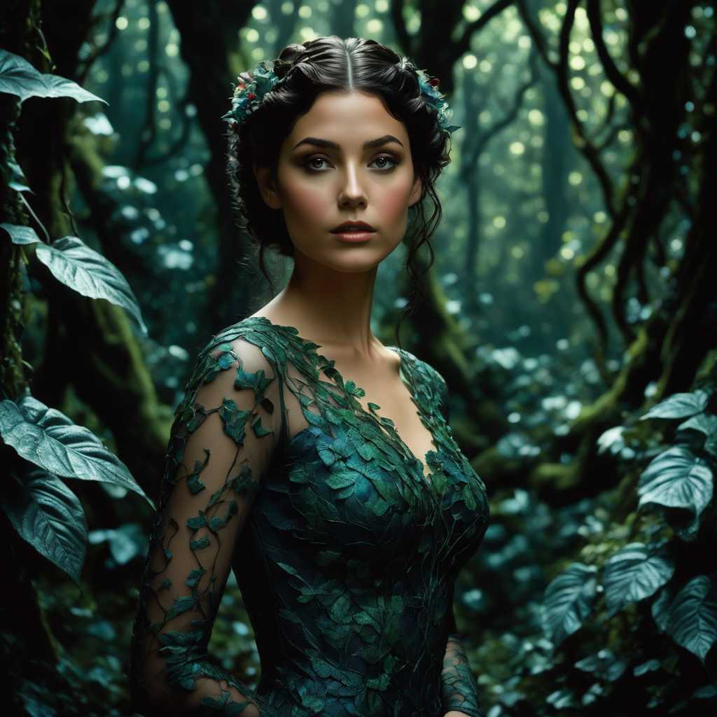 a photo of TOKONIA, cinematic still, filmed by Guillermo del Toro, Amidst a deep dark forest, an enigmatic being appears--an amalgamation of flora and fauna, with vines for hair, eyes gleaming like embers, and skin adorned with iridescent scales 