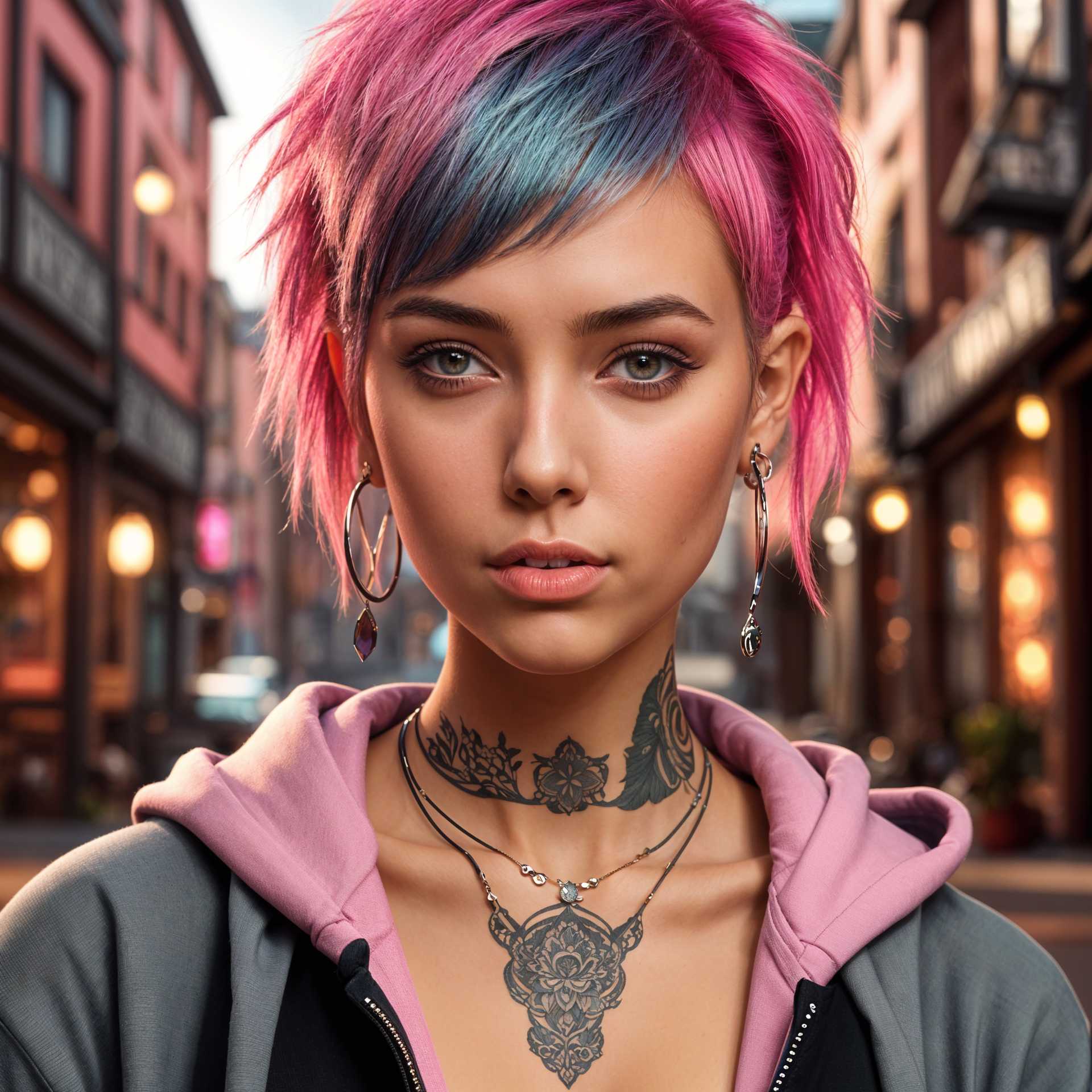 Vibrant Street Style: A Close-Up of a Trendy Individual with Pink and Blue Hair