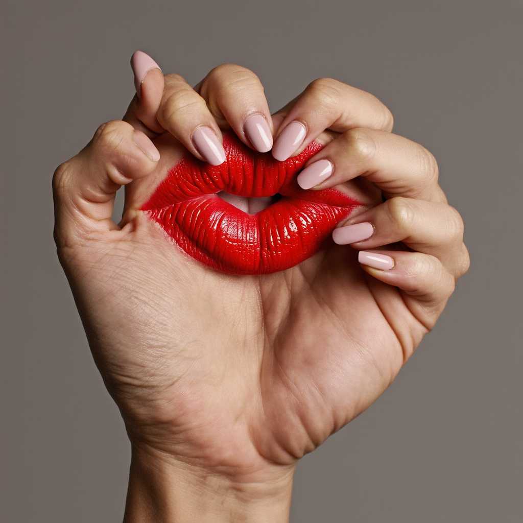 Create a digital artwork that features a close-up view of a hand with well-manicured, pale pink nails. The hand is positioned in such a way that the fingers form a heart shape, with the thumb and pinky touching and the index finger and ring finger slightly overlapping. The skin of the hand is depicted with realistic textures and subtle shadows to give a three-dimensional effect. The hand is adorned with a large, bold red lipstick mark that spills onto the knuckles and forearm, giving the impression of a kiss mark. The red lipstick is applied in a thick, creamy texture with visible brush strokes, adding a sense of movement and spontaneity to the image. The overall color scheme of the artwork is soft and muted, with the red lipstick providing a striking contrast. The background is nondescript, with a neutral color that fades into obscurity, ensuring that the focus remains solely on the hand and the lipstick mark.