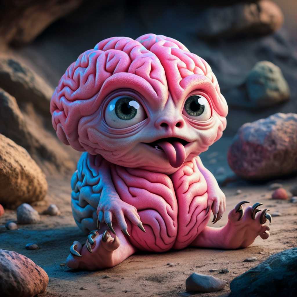Create a fantastical, surreal creature with the following attributes:- A whimsical, brain-like texture in shades of pink and blue covering its body.- Oversized, expressive eyes with detailed irises and a reflective quality.- A surprised or curious facial expression with a slightly open mouth and protruding tongue.- Small, stubby limbs with claws, ending in large, padded feet.- The creature is sitting on a rugged, rocky terrain with variously colored rocks around it.- The creature's gaze is directed towards the viewer, creating a sense of connection and curiosity.- The overall mood of the image is playful and imaginative, with a touch of mystery.