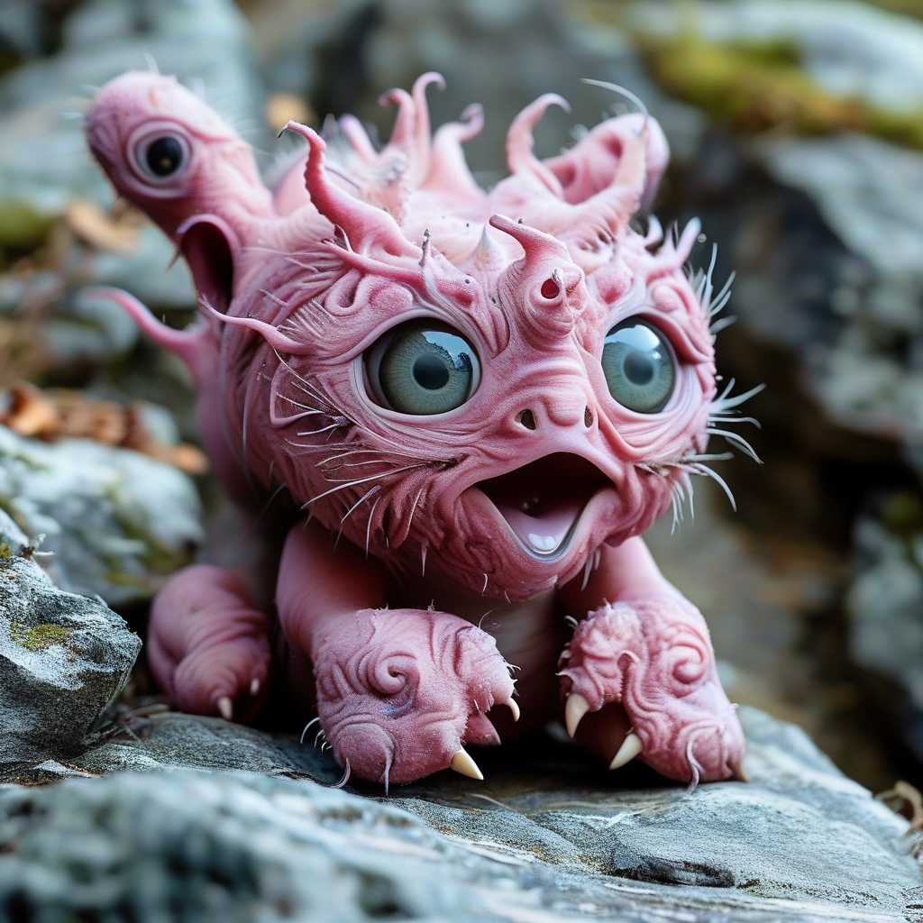 Create a fantastical, surreal creature with the following attributes:- A whimsical, brain-like texture in shades of pink and blue covering its body.- Oversized, expressive eyes with detailed irises and a reflective quality.- A surprised or curious facial expression with a slightly open mouth and protruding tongue.- Small, stubby limbs with claws, ending in large, padded feet.- The creature is sitting on a rugged, rocky terrain with variously colored rocks around it.- The creature's gaze is directed towards the viewer, creating a sense of connection and curiosity.- The overall mood of the image is playful and imaginative, with a touch of mystery.