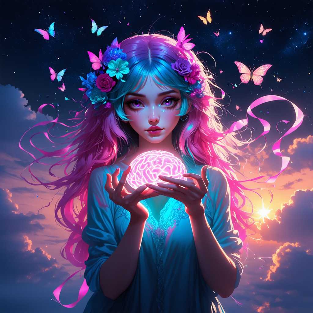Enigmatic Beauty with a Neon Brain A Surreal Digital Artwork