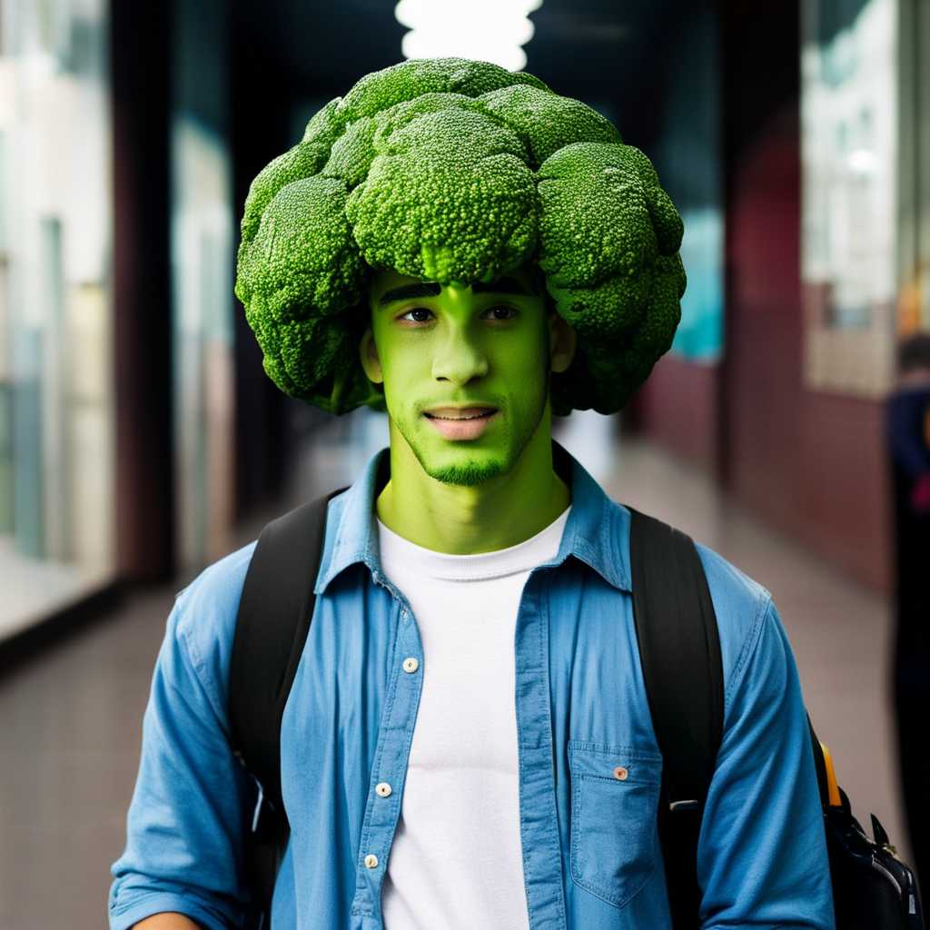 a young green man with broccoli for hair, he wears casual clothes, high school background, long exposure