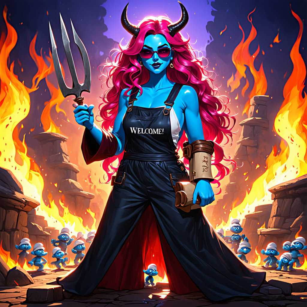 Create a digital artwork featuring a central character with striking blue skin, long wavy hair in shades of pink and purple, and devil horns. The character is holding a pitchfork and a scroll with the text "WELCOME!" in bold letters. The background is filled with numerous Smurf-like characters in a fiery landscape, suggesting a scene of temptation or a deal being made. The overall style is fantastical and cartoonish, with a dramatic contrast of colors and lighting.
