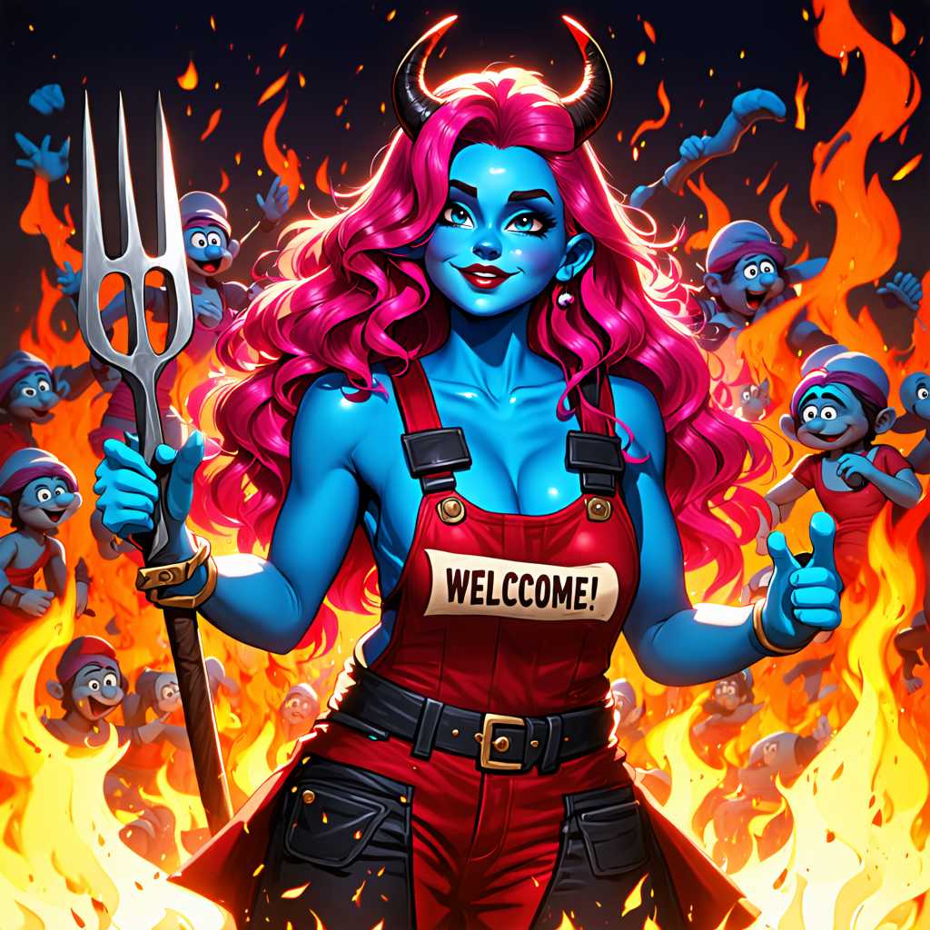 Create a digital artwork featuring a central character with striking blue skin, long wavy hair in shades of pink and purple, and devil horns. The character is holding a pitchfork and a scroll with the text "WELCOME!" in bold letters. The background is filled with numerous Smurf-like characters in a fiery landscape, suggesting a scene of temptation or a deal being made. The overall style is fantastical and cartoonish, with a dramatic contrast of colors and lighting.