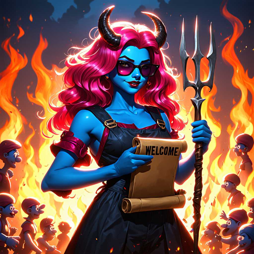 Create a digital artwork featuring a central character with striking blue skin, long wavy hair in shades of pink and purple, and devil horns. The character is holding a pitchfork and a scroll with the text "WELCOME!" in bold letters. The background is filled with numerous Smurf-like characters in a fiery landscape, suggesting a scene of temptation or a deal being made. The overall style is fantastical and cartoonish, with a dramatic contrast of colors and lighting.