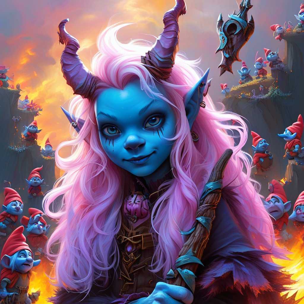 Create a digital artwork featuring a central character with striking blue skin, long wavy hair in shades of pink and purple, and devil horns. The character is holding a pitchfork and a scroll with the text "WELCOME SMURFS!" in bold letters. The background is filled with numerous Smurf-like characters in a fiery landscape, suggesting a scene of temptation or a deal being made. The overall style is fantastical and cartoonish, with a dramatic contrast of colors and lighting.
