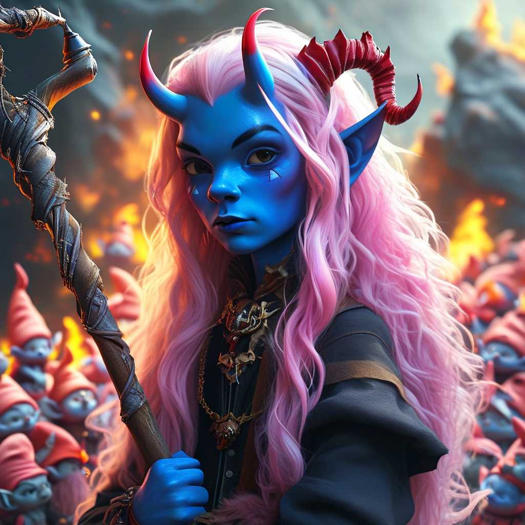 Create a digital artwork featuring a central character with striking blue skin, long wavy hair in shades of pink and purple, and devil horns. The character is holding a pitchfork and a scroll with the text "WELCOME SMURFS!" in bold letters. The background is filled with numerous Smurf-like characters in a fiery landscape, suggesting a scene of temptation or a deal being made. The overall style is fantastical and cartoonish, with a dramatic contrast of colors and lighting.