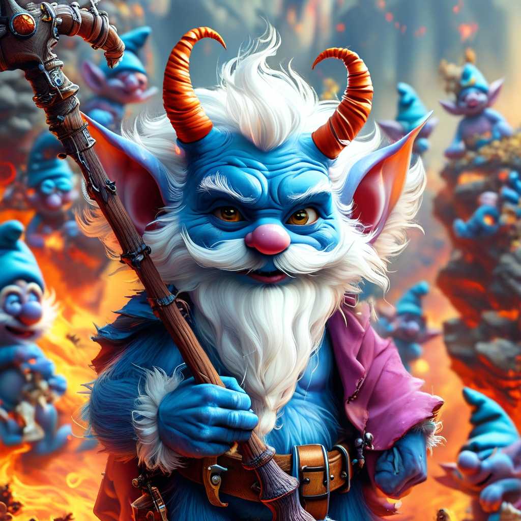 Create a digital artwork featuring SMURFs a central character with striking blue skin, long wavy hair in shades of pink and purple, and devil horns. The character is holding a pitchfork and a scroll with the text "WELCOME SMURFS!" in bold letters. The background is filled with numerous Smurf-like characters in a fiery landscape, suggesting a scene of temptation or a deal being made. The overall style is fantastical and cartoonish, with a dramatic contrast of colors and lighting.