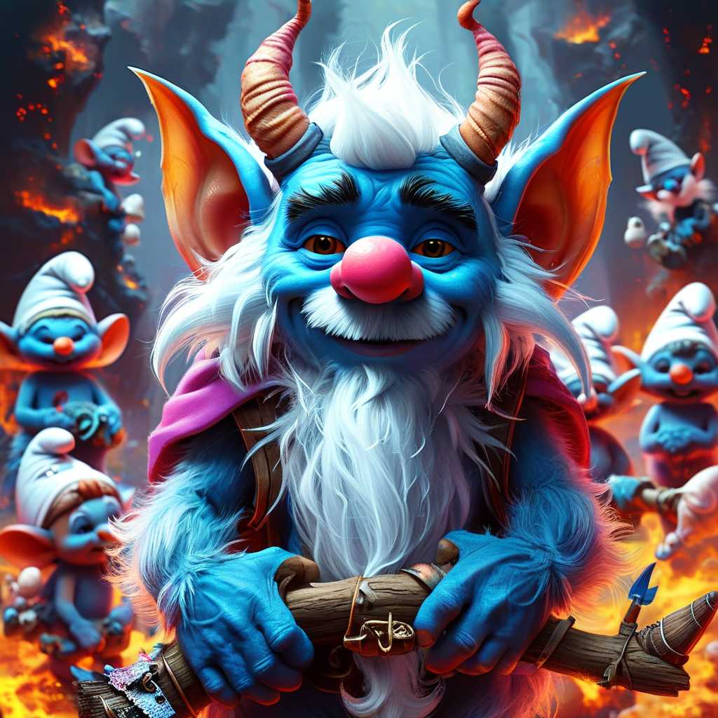 Create a digital artwork featuring SMURFs a central character with striking blue skin, long wavy hair in shades of pink and purple, and devil horns. The character is holding a pitchfork and a scroll with the text "WELCOME SMURFS!" in bold letters. The background is filled with numerous Smurf-like characters in a fiery landscape, suggesting a scene of temptation or a deal being made. The overall style is fantastical and cartoonish, with a dramatic contrast of colors and lighting.