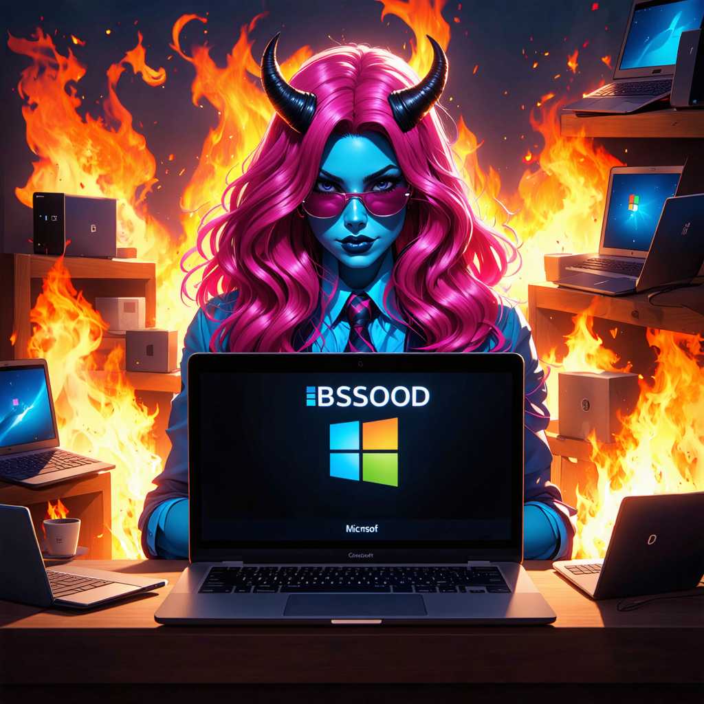 Artistic depiction of a demon with pink hair and horns using a Windows laptop amidst a fiery backdrop