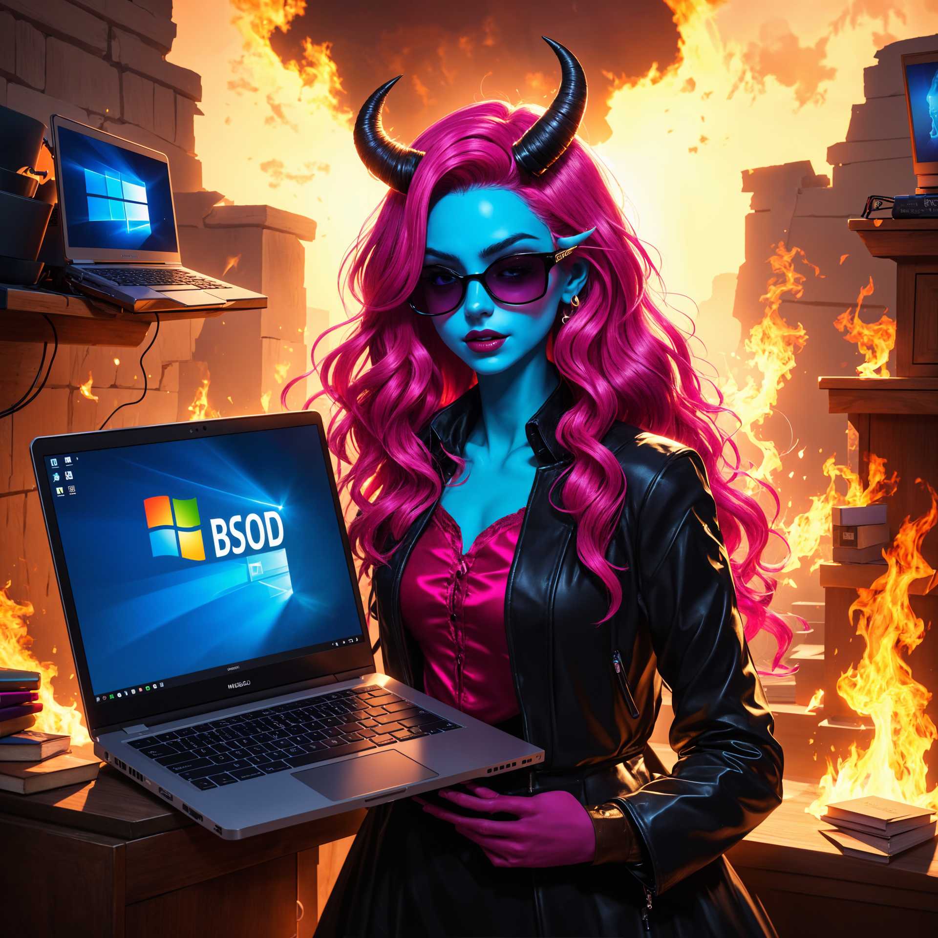 Vibrant Demoness with Horns Handles BSOD Laptop Amidst Digital Catastrophe