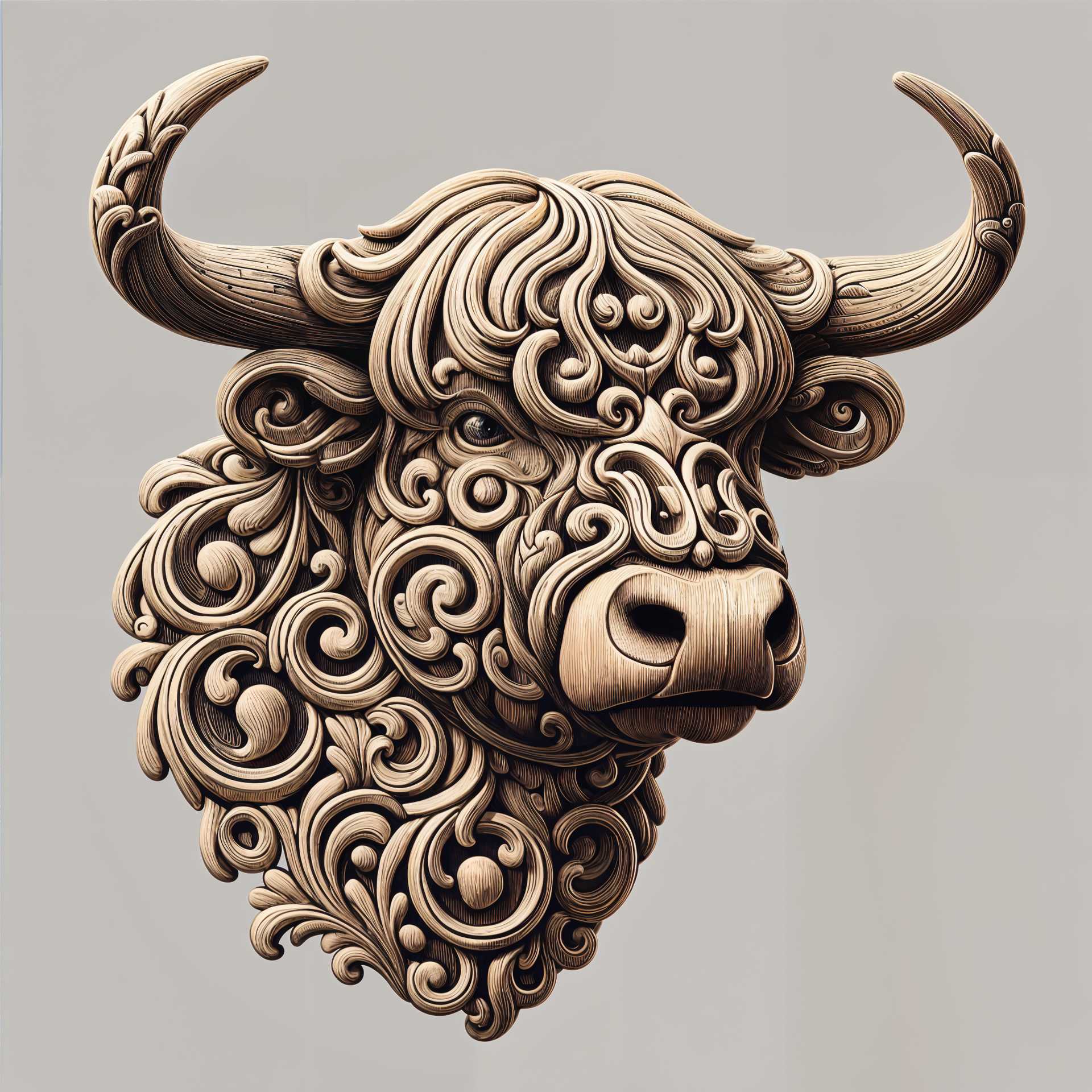 Exquisite Carved Bull Head with Baroque Style Flourishes