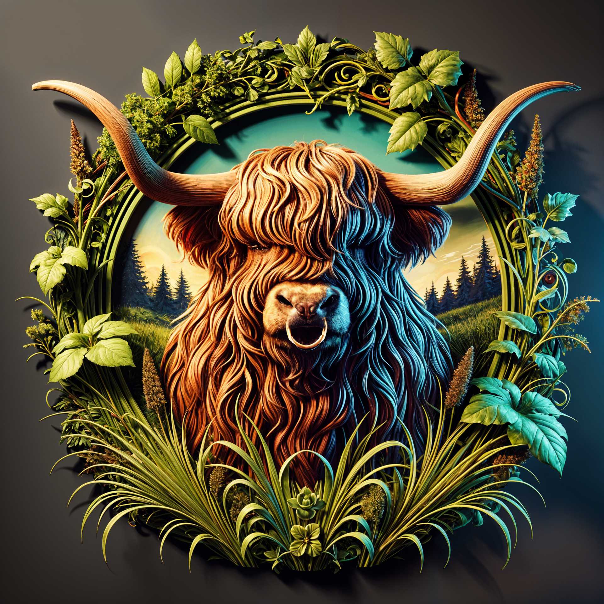 Enchanted Highland Cow Portrait within an Emerald Floral Circle