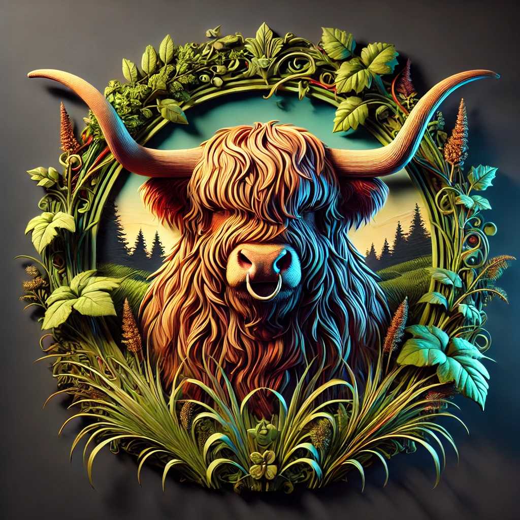 Enchanted Highland Cow Portrait within an Emerald Floral Circle