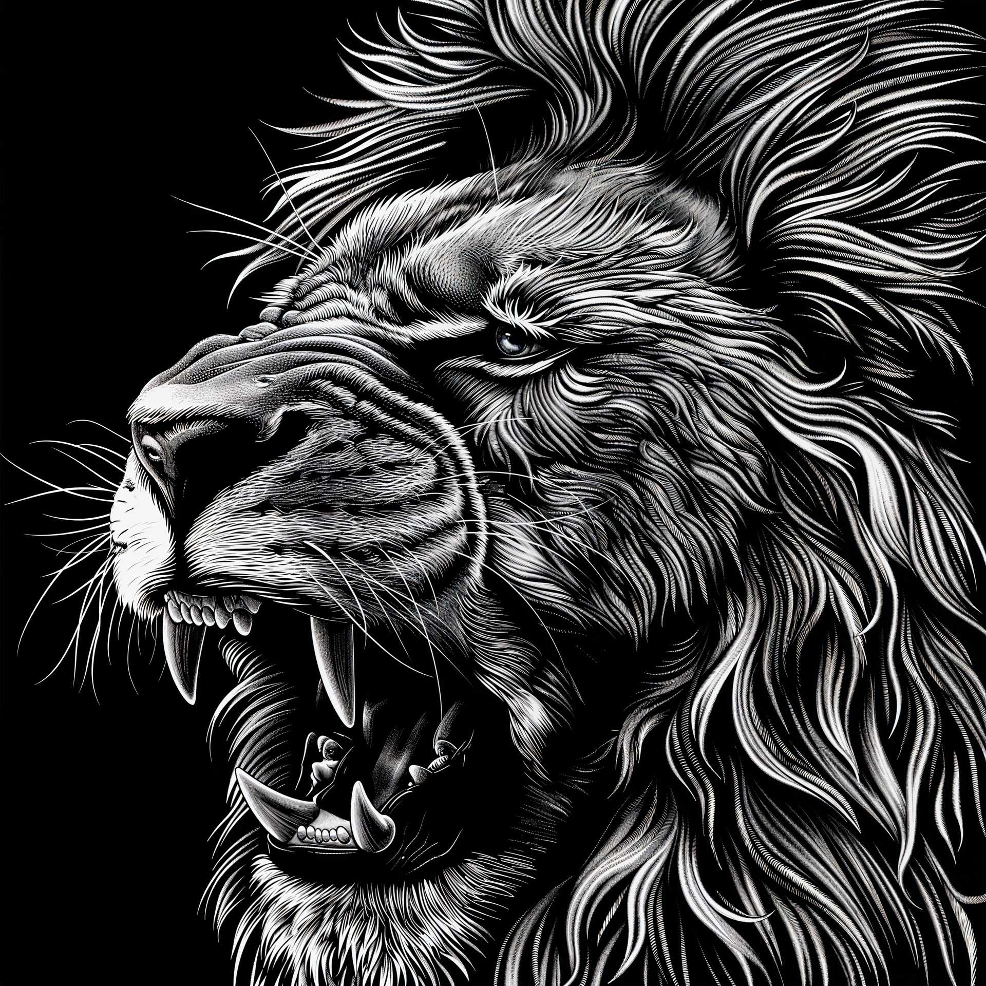 Intense and Majestic: A Hyper-Realistic Drawing of a Roaring Lion