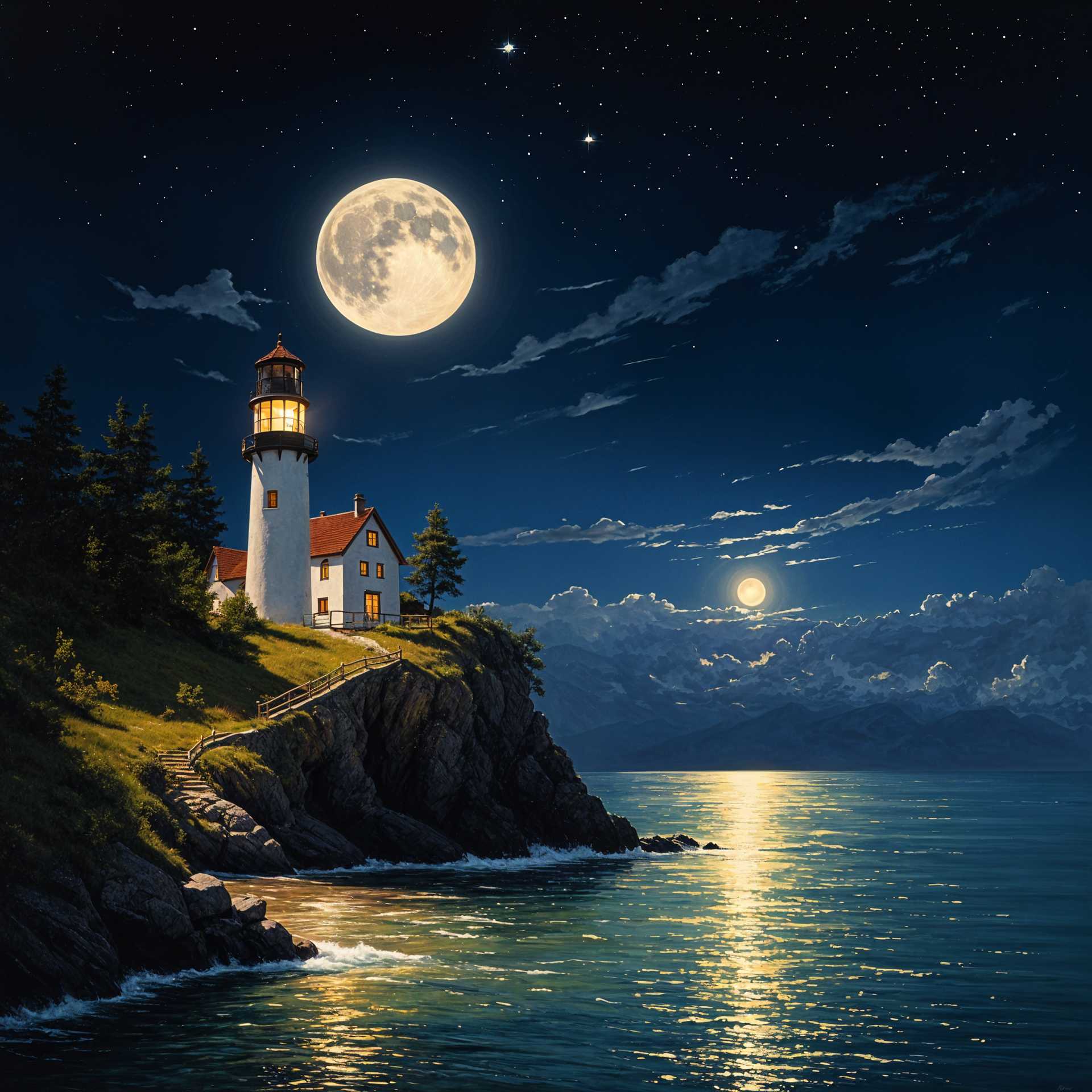 Moonlit Lighthouse by the Sea