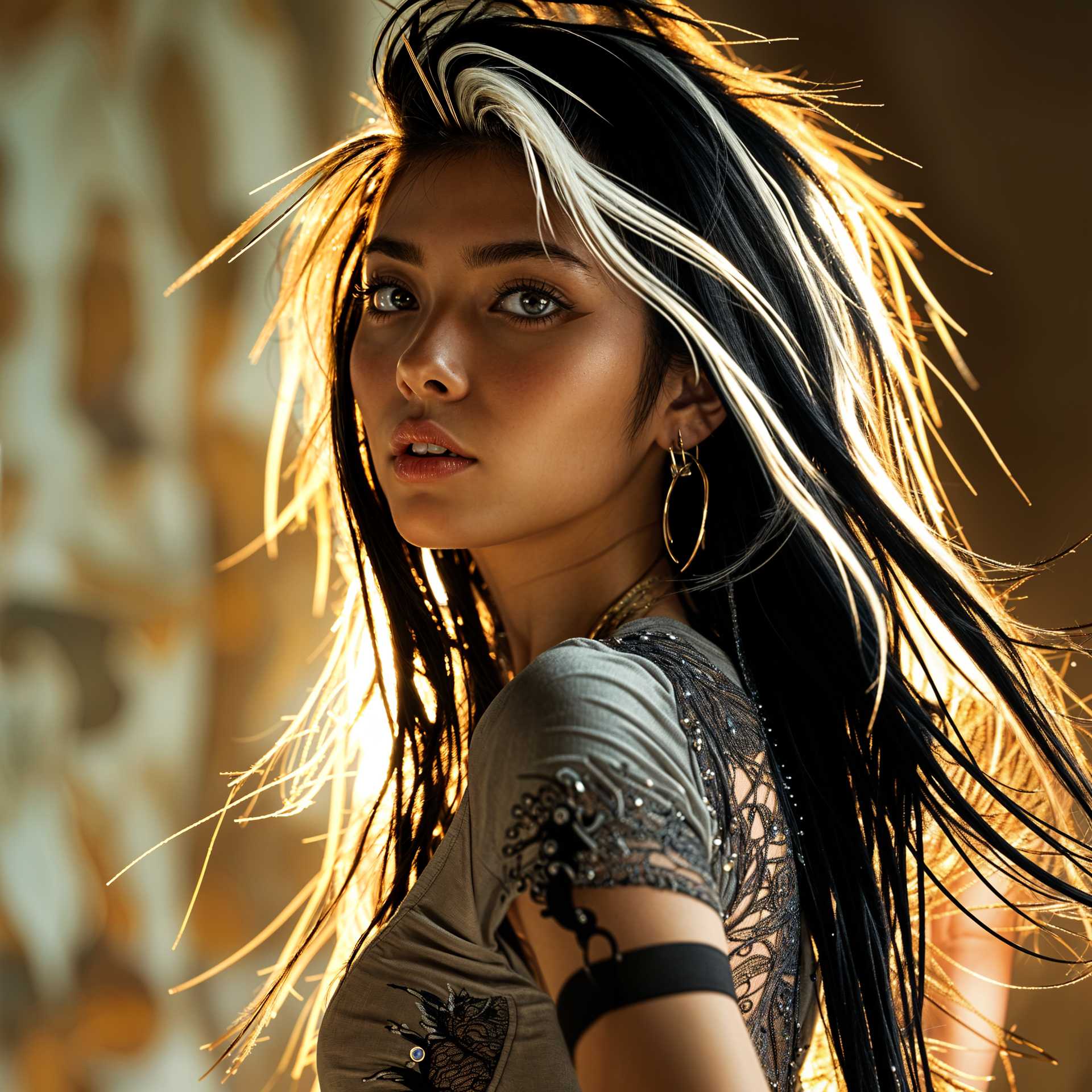 Captivating Portrait of a Woman with Dramatic Hair and Fashionable Earrings