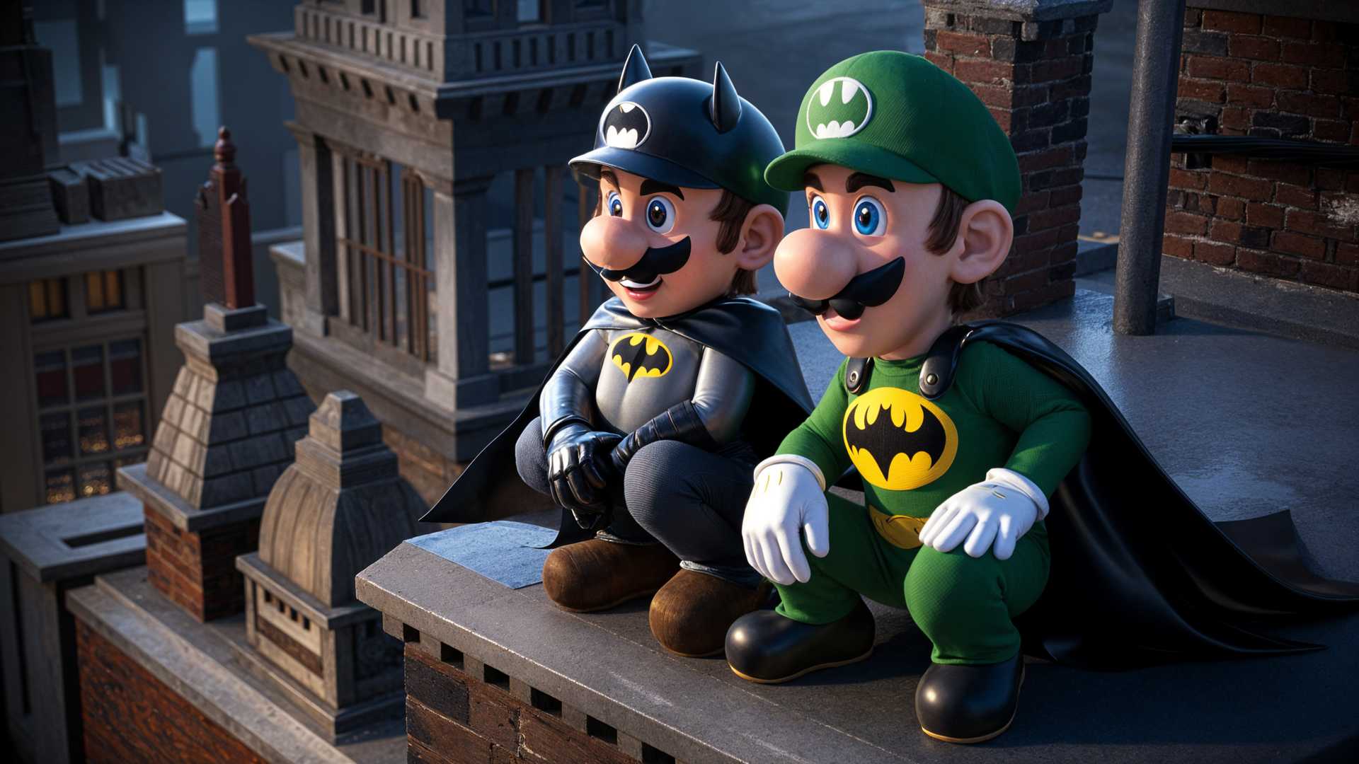 Super Mario and Luigi Strike Batman-like Poses on a Rooftop at Dusk