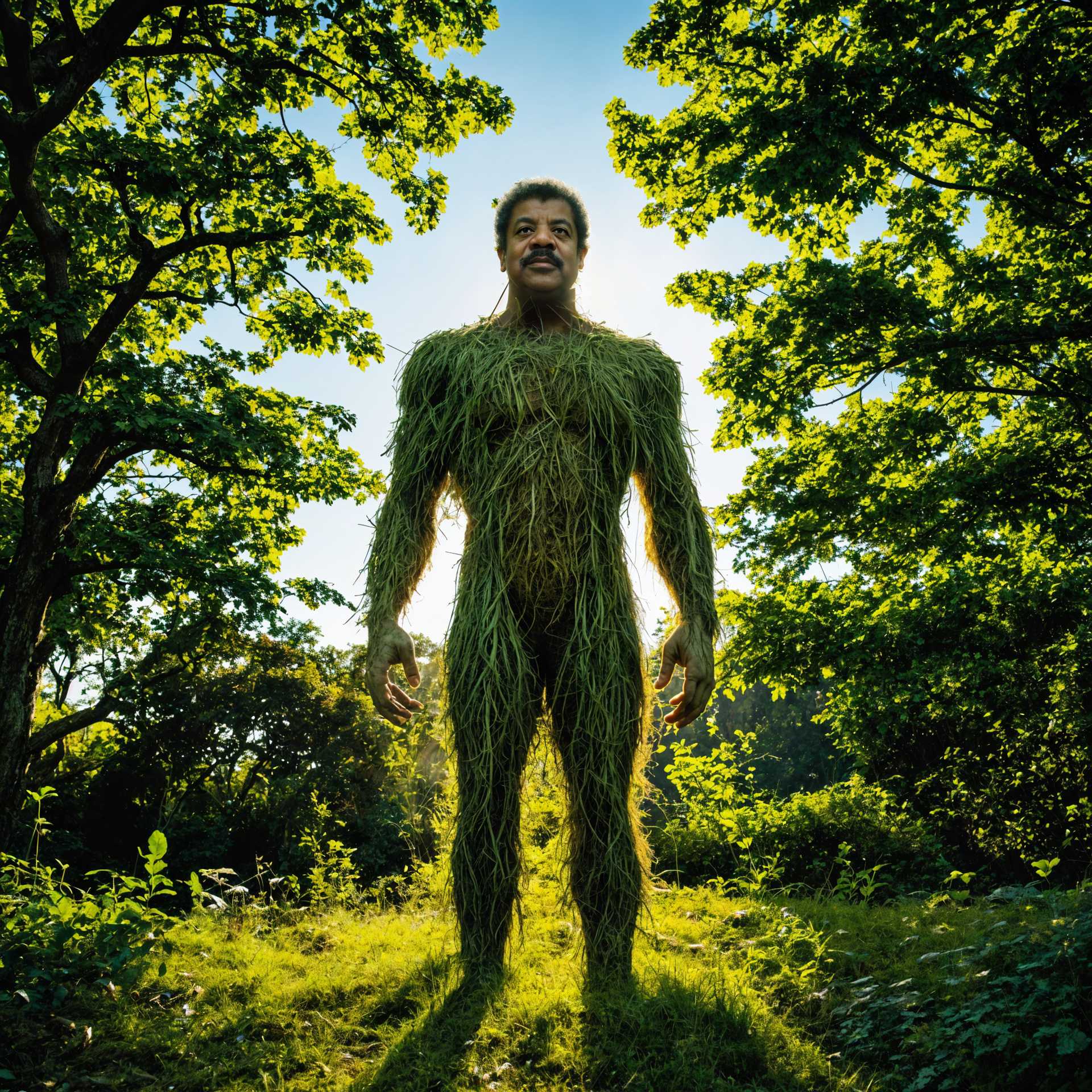Man in Grass Suit Standing Amidst Sunlit Forest