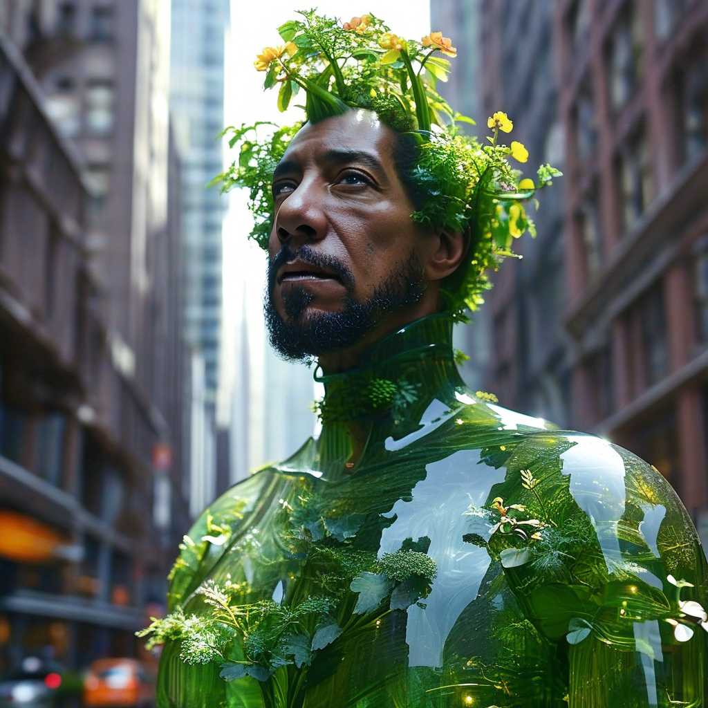 Create a towering Neil Degrasse Tyson, a verdant giant with a human torso and arms made entirely of glass, standing amidst a bustling city. The figure's glass skin is a transparent tapestry showcasing various plants and foliage within, blending seamlessly with the urban surroundings. Its eyes glow with an inner light, reflecting a deep connection to the earth and the life it sustains. The backdrop is a vibrant cityscape with dynamic buildings, cars, and people, hinting at the bustling activity and energy of the city. The colors are a harmonious blend of urban grays, vibrant greens, and soft blues, evoking a sense of peace and the sublime power of nature amidst the modern world.