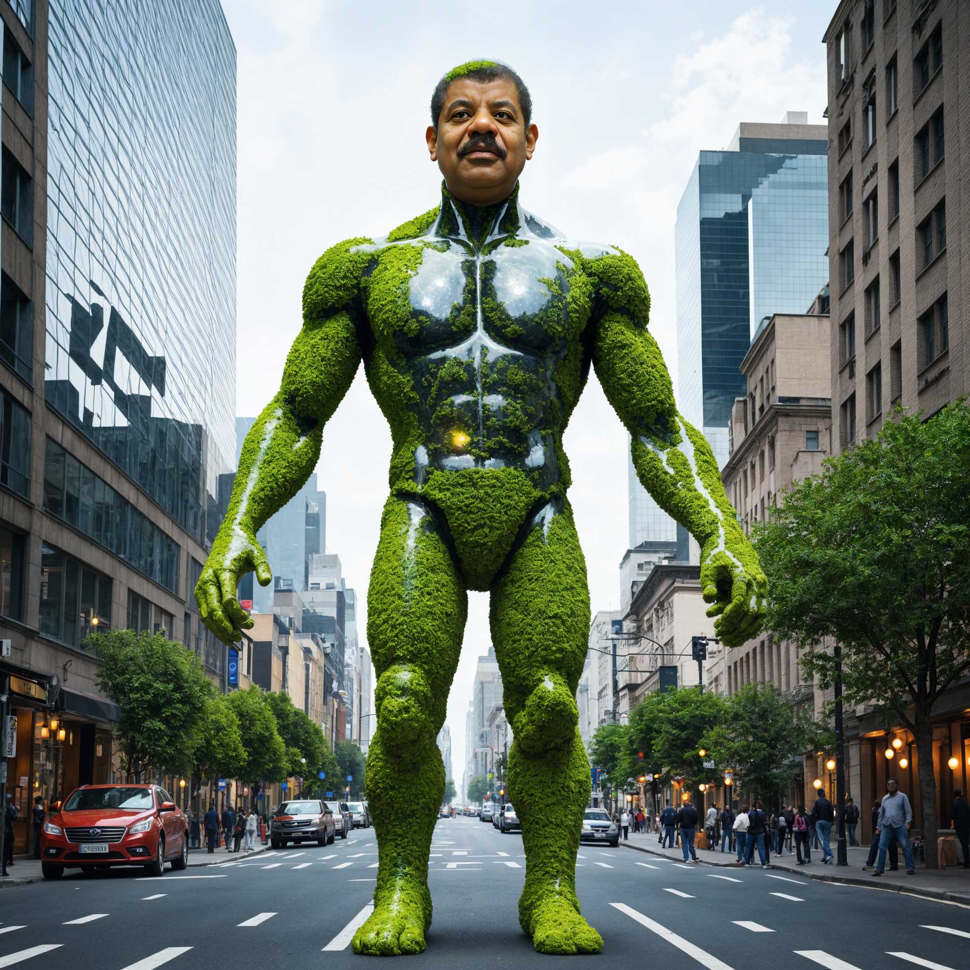 Colossal Green Man Statue with Human Head Dominates Cityscape