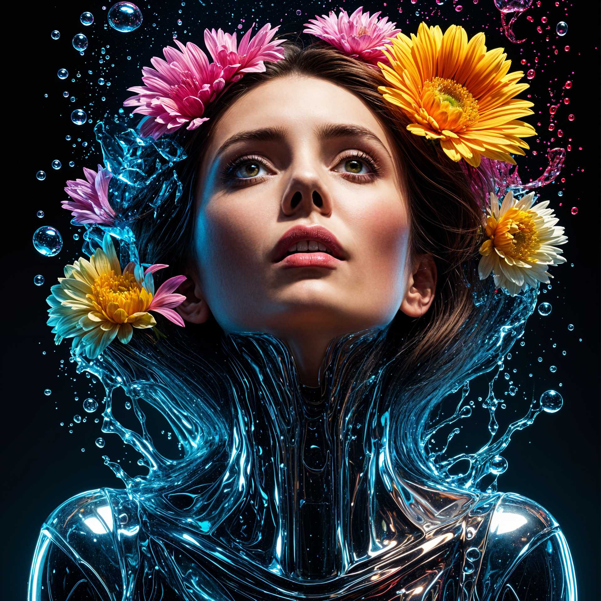 Enigmatic Fusion: A Woman with a Floral Crown amidst a Splash of Liquid Elegance