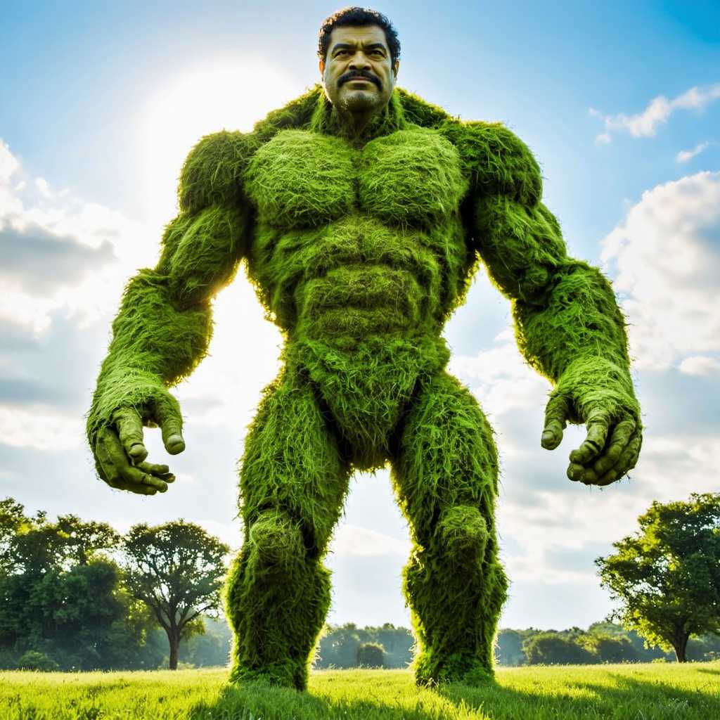 Create an epic scene featuring a towering humanoid titan resembling Neil deGrasse Tyson, with a colossal body made entirely of lush green grass. The titan should possess a majestic and wise expression, radiating power and curiosity about the cosmos. Position the figure in a dramatic outdoor landscape, surrounded by towering trees and illuminated by radiant sunlight filtering through a vibrant blue sky filled with wispy clouds. Emphasize the rich textures of the grass, showcasing the titan's immense stature and presence, embodying both the strength of nature and the awe of the universe.