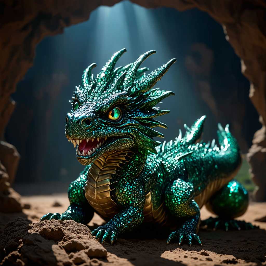 Create an awe-inspiring image of a dragon, intricately detailed and encrusted with countless sparkling diamonds. This majestic creature should be depicted with shimmering scales, each one precisely embellished with a myriad of small, flawless diamonds that catch the light with every subtle movement. The dragon's eyes are mesmerizing, glowing brightly like emerald gems set amidst the diamond-studded face. Its powerful, serpentine body coils elegantly, exuding both strength and grace, giving the impression that it could spring into flight at any moment.

The background should be mystical, set in a dimly lit cavern where beams of light pierce through the crevices above, highlighting the diamonds’ brilliance and creating a dazzling array of reflective colors. The atmosphere