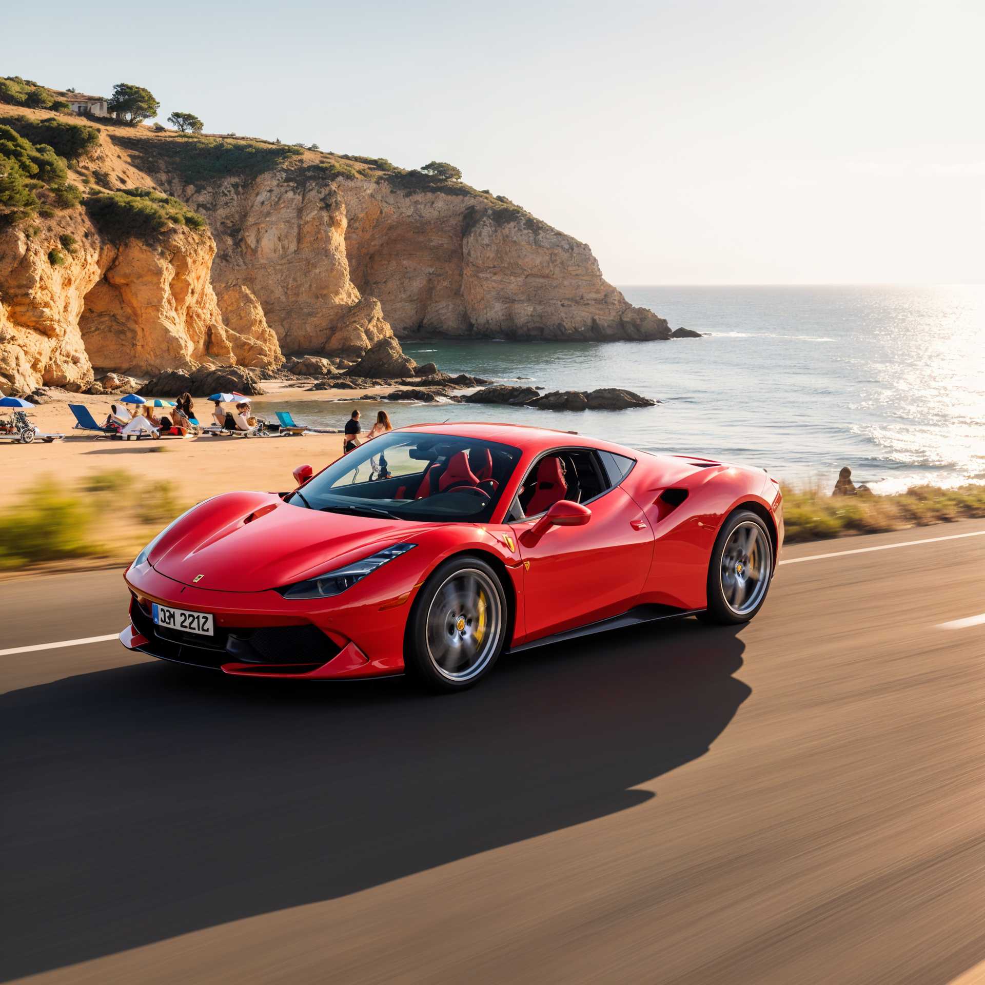 Imagine a sleek, cherry red Ferrari F8 Tributo in motion, cruising along the picturesque coastline of Portugal. The scene is set during late afternoon, with the golden sunlight casting a warm glow on the cliffs and the Azure Ocean. The Ferrari, notable for its sharp, aerodynamic lines and gleaming surfaces, reflects the sun’s rays, creating a dynamic play of light and shadow.

The car dominates the foreground, captured from a low angle to emphasize its speed and grace. Its wheels seem almost blurred due to the motion, suggesting a high speed. Behind the car, the coastal landscape of Portugal unfurls. To the left, the view opens up to a serene beach, dotted with colorful umbrellas and sunbathers enjoying the late day. To