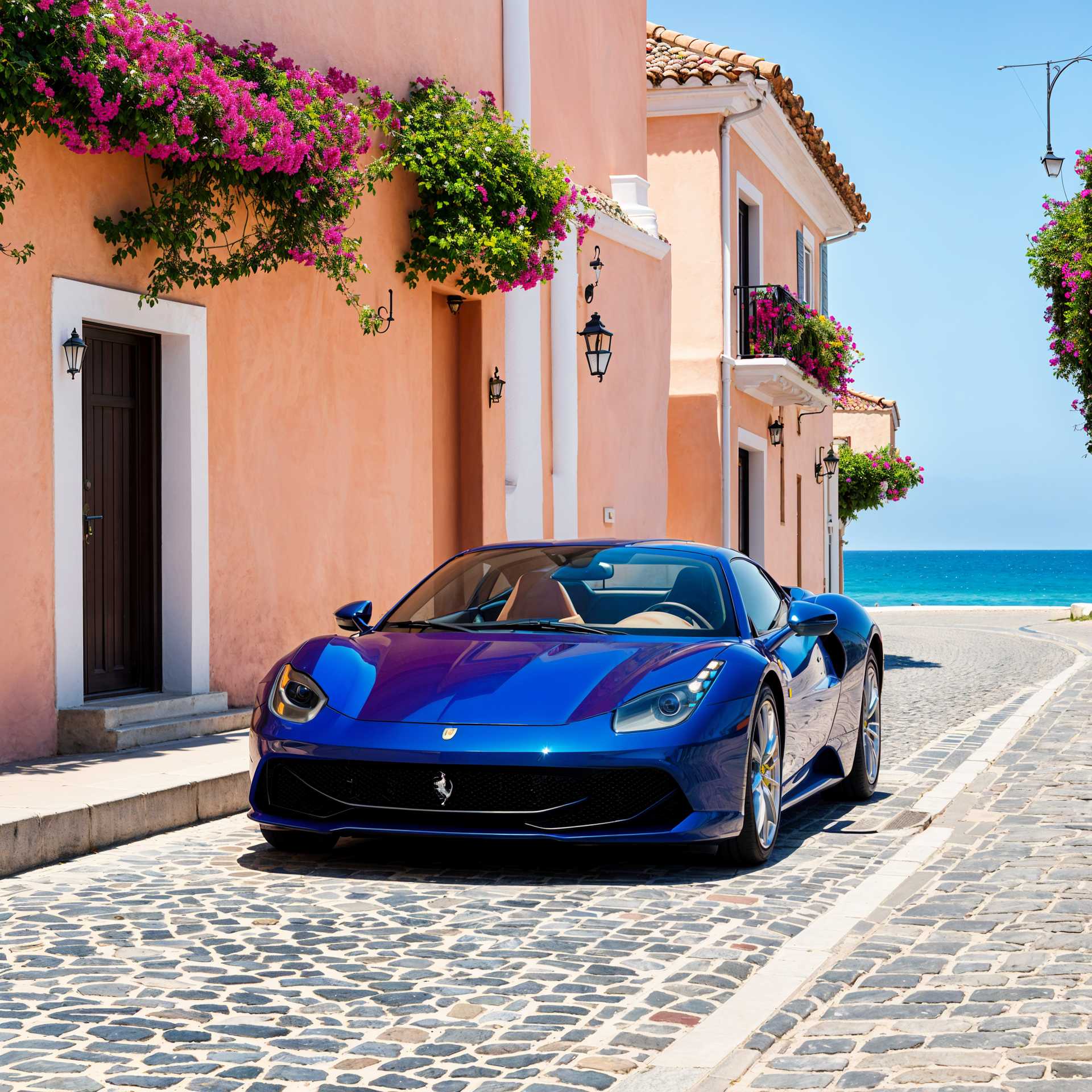 Exquisite Ferrari parked on a cobblestone street by the sea, with Mediterranean architecture in the background