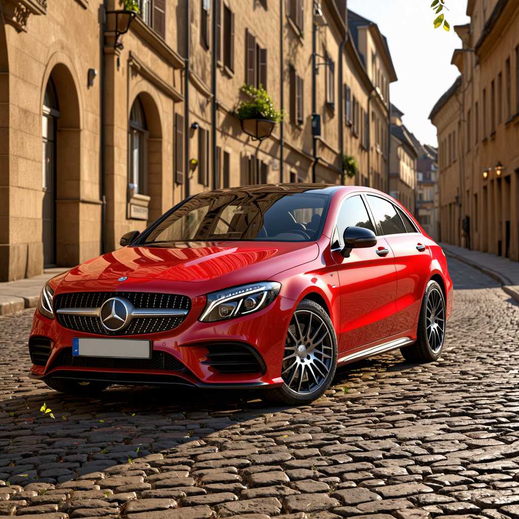 Create a visually stunning image of a sleek, bright red Mercedes-Benz parked on a cobblestone street in an old European city during sunset. The car should gleam with a reflective, high-gloss finish, highlighting its smooth, aerodynamic lines and iconic emblem. Around it, historical buildings with detailed façades give a picturesque backdrop. The lighting should be golden and warm, casting soft shadows and enhancing the deep red of the car. A hint of motion blur on floating leaves suggests a gentle breeze, adding life to the serene setting. The composition should be from a slightly low angle, emphasizing the car's powerful stance.
