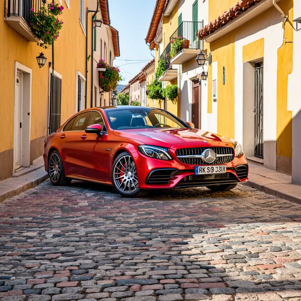 Create an image of a sleek, red Mercedes-Benz parked on a cobblestone street in a quaint Portuguese town. The scene is set during sunset, with the golden hour light casting warm glows and long shadows across the scene. The backdrop features traditional Portuguese architecture, including white-washed houses with terracotta roofs and vibrant, colorfully painted doors and window frames, typical of Mediterranean coastal towns. To the left, a narrow alley adorned with hanging colorful flowers and small balconies filled with potted plants adds a touch of rustic charm. The car itself, a gleaming, classic Mercedes model, reflects the golden sunlight, emphasizing its smooth curves and shiny surface. Include details like the distinctive Mercedes emblem on the grille and custom silver rims that sparkle in