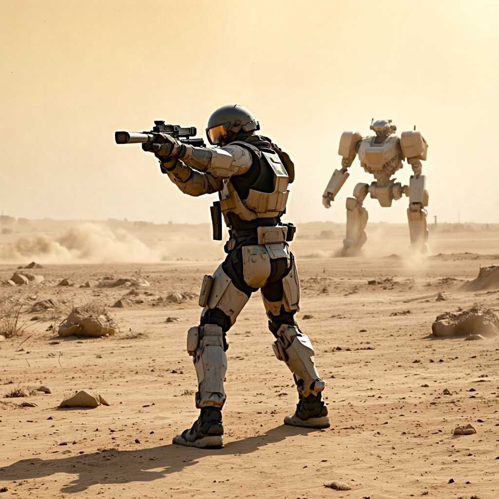 An armored soldier in a desolate battlefield, aiming a weapon at a mech in the distance under a yellowish-orange sky, with dust particles floating in the air."