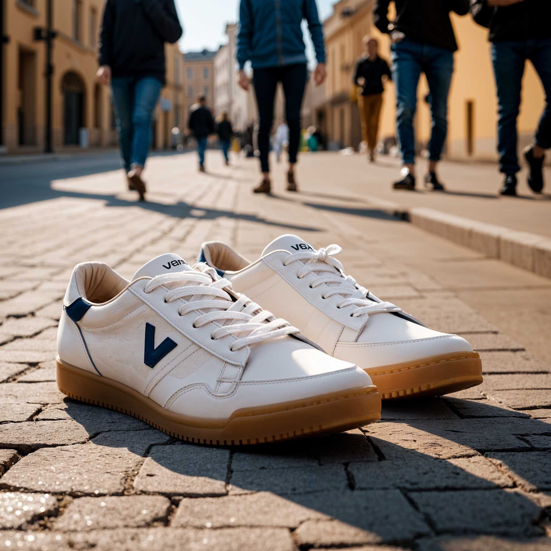 White and Navy Blue Sneakers with 'V' Logo - A Fashionable Step Forward