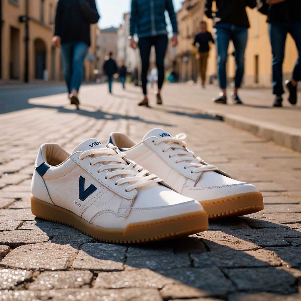 White and Navy Blue Sneakers with 'V' Logo - A Fashionable Step Forward