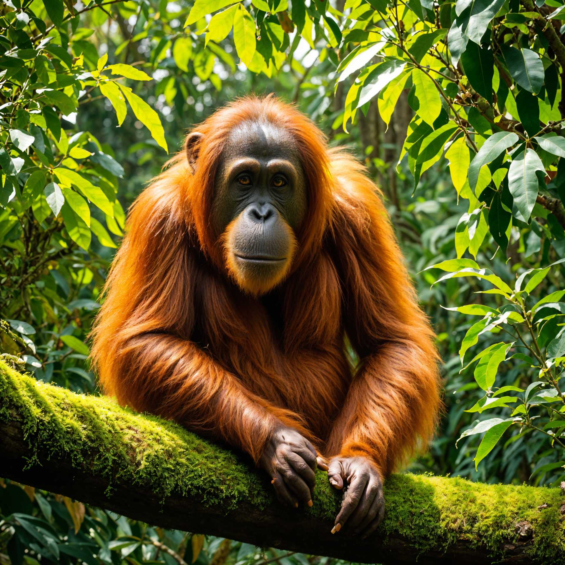 An Orangutan Relaxes on a Mossy Branch in a Lush Forest