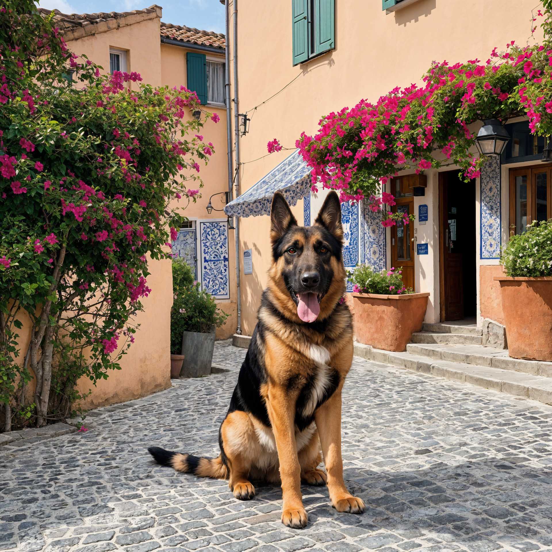 German Shepherd Sitting Gracefully on a Cobblestone Path in a Vibrant Floral-Accented Courtyard