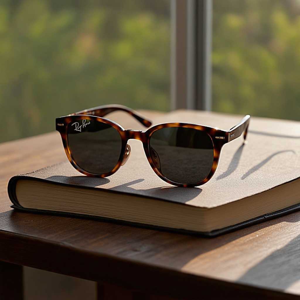 Revised Prompt: Create an image featuring a pair of modern Ray-Ban sunglasses with sleek, updated frames resting casually on an aged, leather-bound book. The scene unfolds on an old, rustic wooden table with soft, warm sunlight streaming through a nearby window, enhancing the ambiance with gentle shadows. The sunglasses boast a glossy black finish and advanced tinted lenses which subtly mirror the tranquil scene of a tree-lined street visible outside, encapsulating a serene suburban setting. The atmosphere should be infused with a feeling of relaxed sophistication and timeless elegance, typical of a gentle early autumn afternoon. The background should be artistically blurred into a soft focus, accentuating the sharp textures of the leather-bound book and the intricate wood grains of the table, drawing the viewer's