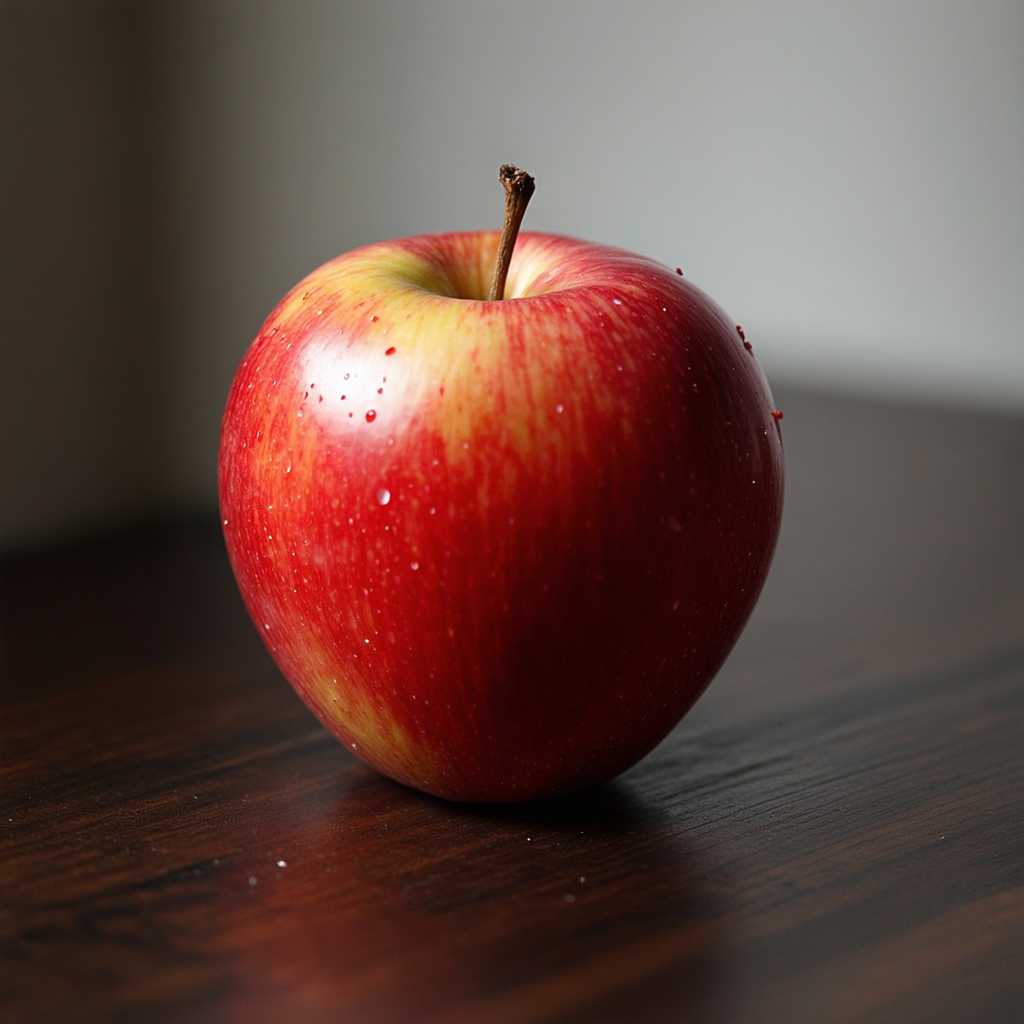 Revised Prompt: Capture an image of a crisp, ripe apple, artistically placed center stage on a smooth, dark wooden surface, reflecting a minimalist aesthetic. The apple, with its vibrant red skin polished to a high shine, should emit a fresh and tantalizing appeal, its dewy texture suggesting it was just picked from an orchard. Soft, natural light from a nearby window casts gentle shadows and highlights the subtle imperfections of the apple's skin, enhancing its organic beauty. The background should remain a deep, muted blur, focusing all attention on the apple, while small specks of light reflect off its glossy surface, creating a serene and inviting atmosphere that evokes a calm, peaceful morning. This setting aims to not only showcase the apple